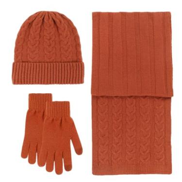 Imagem de Conjunto de 3 peças de gorro de inverno para mulheres e homens, conjunto de cachecóis de cachecóis de caxemira com forro de lã espessa, laranja, tamanho único