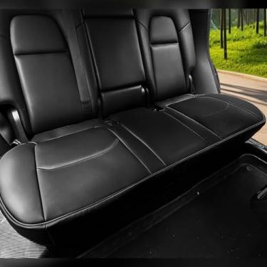 Imagem de Capa de assento de carro luxuosa de couro napa capa de assento traseiro para Tesla Model Y protetor de fundo de assento de carro traseiro, almofada de assento resistente sem encosto (modelo Y preto)