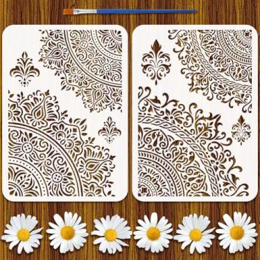 Imagem de FINGERINSPIRE 2 peças de estêncil de pintura de cantos mandala, com pincel de plástico, 21 x 29,7 cm, padrão floral, modelo espesso, estêncil de borda decorativa, modelo de tema diário para pintura em