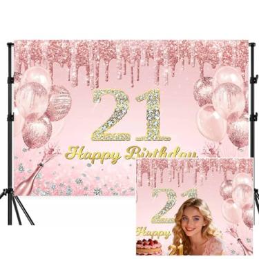 Imagem de Fundo de feliz aniversário de 21 anos, faixa de festa de 21 anos de ouro rosa, com glitter, tema de 21 anos, decoração de festa, fundo fotográfico, 18 x 1,5 m
