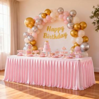 Imagem de Wish Care Roupas de mesa de cetim rosa para mesas retangulares de 1,2 m – Toalhas de mesa retangulares com glitter resistentes a vincos, capas de mesa de festa para banquete de casamento, chá de bebê