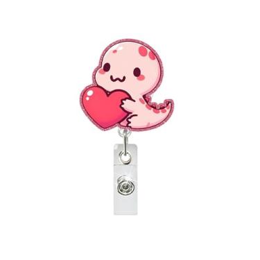 Imagem de Carretel de crachá rosa bonito suporte de crachá de dia dos namorados desenhos de coração de dinossauro acessórios de nome de identificação de jacaré acrílico clipes engraçados para presente de