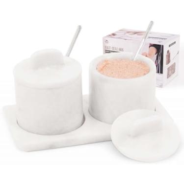 Imagem de SEPESHSTONES Adega de sal de mármore com tampa e bandeja Caixa de armazenamento de sal branca feita à mão com tampa - Tigela de sal, recipiente de açúcar, recipiente de tempero para decoração de