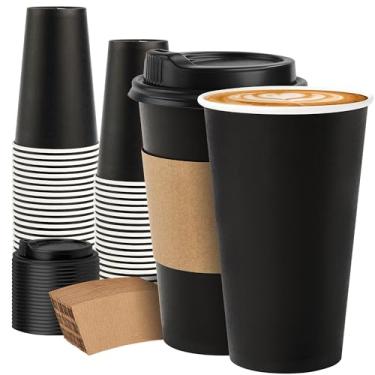 Imagem de METAPRINT Pacote com 50 xícaras de café descartáveis de 473 ml com tampas e mangas, copos de papel resistentes para bebidas quentes/frias, xícaras de café à prova de vazamento com tampas para casa