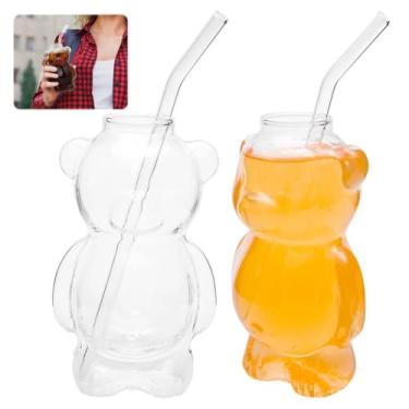 Imagem de UKQRRTC Copo de vidro de urso de 2/4 peças, copo transparente com palha, bebendo divertido, 320 ml para gelado, quente, chá, leite, suco, coquetel, cerveja, vinho, casa, bar, escritório, festa