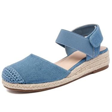 Imagem de Veittes Sandálias femininas de salto plataforma alpargata, fecho de gancho e laço com tira elástica no tornozelo, sola de borracha leve, palmilha confortável, sandálias casuais de verão, Azul claro