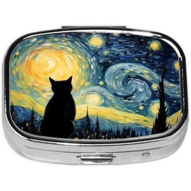 Imagem de Caixa de comprimidos Starry Night com 2 compartimentos, estojo pequeno para pílulas, portátil para bolso ou bolsa, organizador de comprimidos com espelho para guardar vitaminas, medicamentos, óleo de