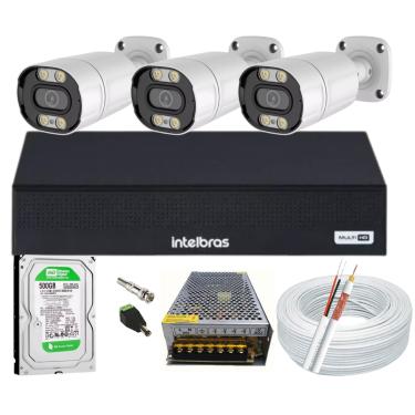 Imagem de Kit Cftv 3 Cameras Segurança Full Color 1080p 2mp Dvr Intelbras 500GB