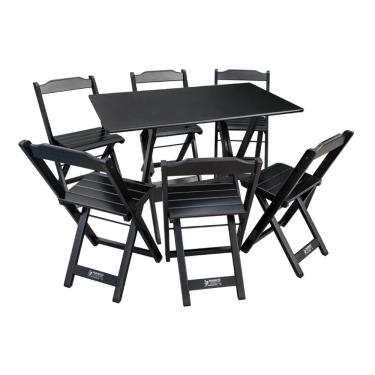 Imagem de Conjunto De Mesa Dobrável De Madeira Madeira 70x110cm Com 6 Cadeiras Preta - Cor: Preto