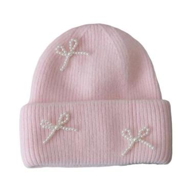 Imagem de Gorro Feminino Y2K De Inverno Com Laço E Pérolas, Quente E Fofo, De Lã
