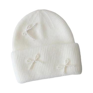 Imagem de Gorro Feminino Y2K De Inverno Com Laço E Pérolas, Quente E Fofo, De Lã