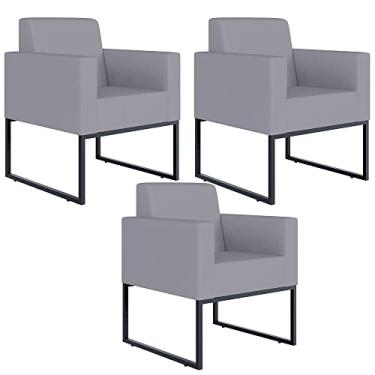 Imagem de Kit 03 Poltronas Decorativas para Sala Recepção Base Fixa De Metal Helô L02 Suede Cinza - Lyam Decor