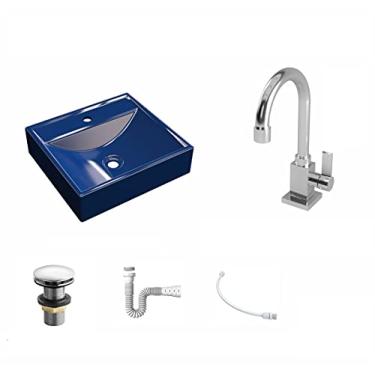 Imagem de Kit Cuba Q39 C/Torneira Luxo 1195 Metal + Válvula Click 1 1/2'' (04cm) + Sifão Pvc + Flexível Azul Escuro