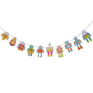 Imagem de Bandeira de robô espacial, placa de aniversário de desenho animado fofo para chá de bebê adereços de foto infantil tema de ficção científica decoração de festa