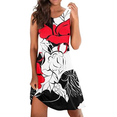Imagem de Vestido feminino elegante gola redonda gola redonda patchwork estampa floral vestido casual plus size vestidos de verão, Vermelho, GG