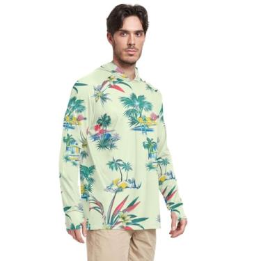 Imagem de Camisas de sol masculinas de manga comprida floral tropical bege FPS 50 + camiseta de sol com capuz Rash Guard para adultos, Bege floral tropical, GG