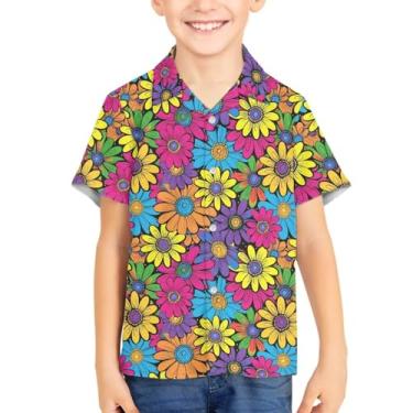 Imagem de Camisetas havaianas unissex de verão para meninos camiseta manga curta com botões Aloha camisetas estampadas tropicais, Flor hippie, 13-14 Years