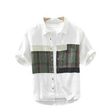 Imagem de Camisa de manga curta masculina de linho liso com gola virada para baixo, roupas masculinas de verão xadrez patchwork, Branco 2523, GG