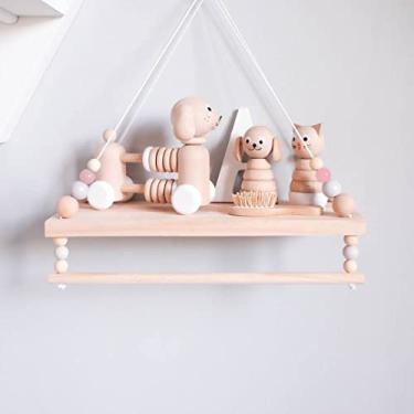 Imagem de SayasNoy Prateleiras de quarto infantil, prateleiras de parede, prateleira suspensa com contas de madeira e toalheiro, para decoração de quarto, sala de estar, corredor (rosa)