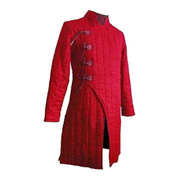 Imagem de AnNafi® Casaco Medieval Grosso Acolchoado Gambeson Aketon | Manga Completa Fantasia Armadura Gambeson | Vestido de teatro SCA, Vermelho, P