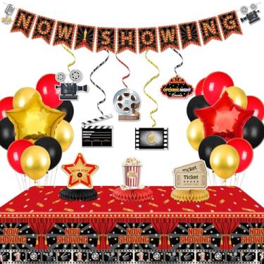 Imagem de Movie Night Decorations, Include Now Showing Banner, Movie Themed Hanging Swirls, Tablecloth, Table Honeycomb Centerpieces for Movie Night Party Red Carpet Birthday Party Supplies