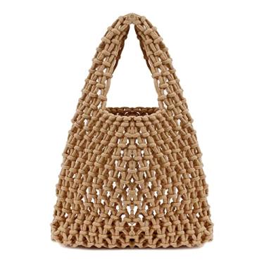 Imagem de Naimo Bolsa de praia de palha grande de tecido de vime, bolsa de ombro com rede de pesca, bolsa de corda de algodão, bolsa Hobo de crochê de verão, Caqui, One Size