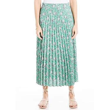 Imagem de Max Studio Saia midi plissada longa casual cintura alta elástica feminina, Contorno verde de flores silvestres, M