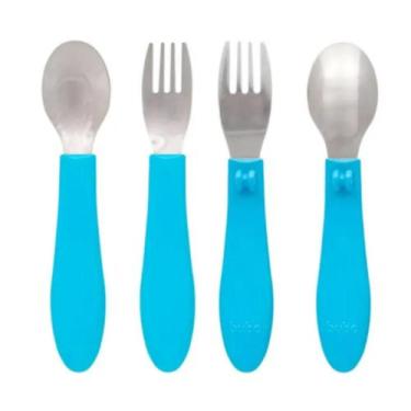 Imagem de Kit Talheres Azul Introdução Alimentar Inox Bubazoo Bebes, Azul
