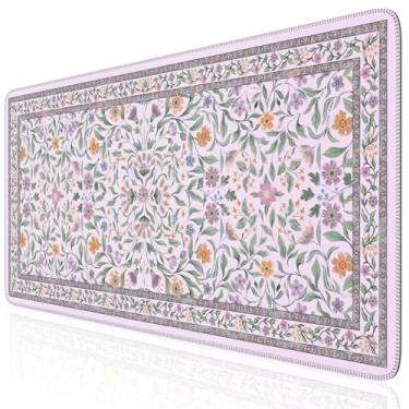 Imagem de iLeadon Tapete de mesa para mesa, mouse pad roxo para teclado, tapete de mesa floral para jogos com base antiderrapante, bordas costuradas tapete grande para teclado 90 x 40 cm para PC e escritório em