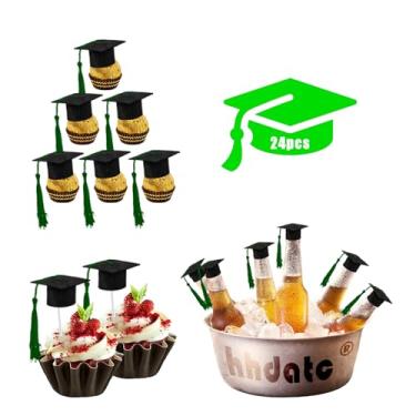 Imagem de hhdatc 24 Pcs Mini Graduation Cap Decorations Graduation Cap Topper Black Grad Hats with Green Tassels for Cupcake Toppers, Bottle Decor,Congrats Party Favors and Class of 2025 Celebrations