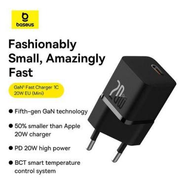 Imagem de Carregador Turbo 20w Baseus Gan5 + Cabo Usb-c 1m, Preto