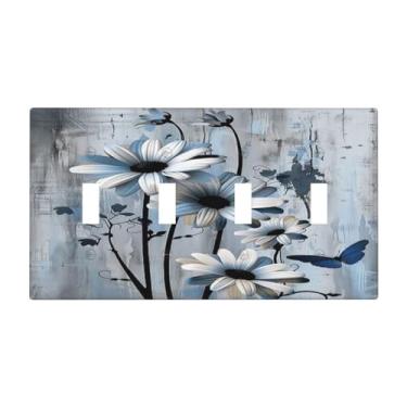 Imagem de OILbiexn Capa para interruptor de luz, flores azuis de madeira rústica, flor de borboleta, placa de interruptor de 4 grupos, placas de parede com interruptor quádruplo placa decorativa para tomada