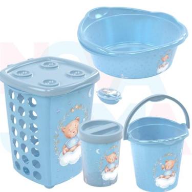 Imagem de Kit P/o Bebe Lixeira,saboneteira,cesto,balde,bacia Urso Azul - plasuti