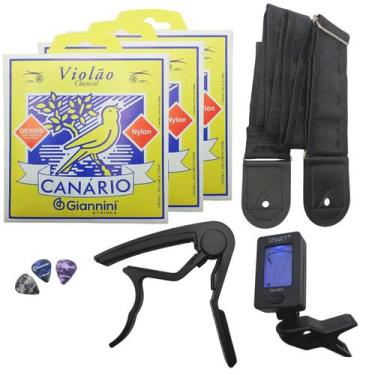 Imagem de 3 Jogo Cordas p/ Violão Afinador Capotraste Correia 5 cm - Giannini