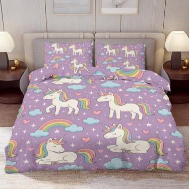 Imagem de Delerain Conjunto de capa de edredom tamanho solteiro, conjunto de cama de 3 peças de unicórnio arco-íris fofo para meninos meninas adolescentes moderno conjunto de quarto de microfibra macia para
