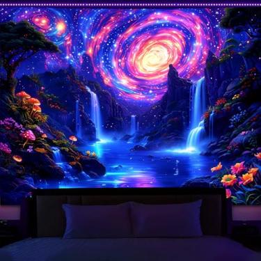 Imagem de Manicer Tapeçaria de Cachoeira Galáxia Luz Negra – Céu Espiral Cósmico Brilhante Reativo UV Cachoeiras Neon, Brilham no Escuro, Natureza Fantasia, Paisagem, Arte para Quarto, Sala de Estar, Festa