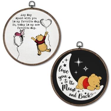 Imagem de Giosve Pôster emoldurado em tela redonda para berçário de urso, desenho animado fofo urso porco te amo até a lua e nas costas para pendurar na parede para decoração de quarto de crianças, quarto de