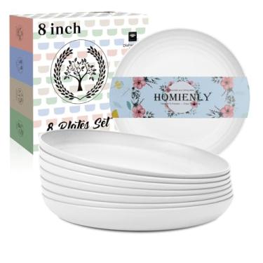 Imagem de Jogo de 8 pratos de sobremesa Homienly, pratos redondos de palha de trigo (alternativa ao plástico), inquebráveis, leves, podem ir ao micro-ondas e lava-louças, jogo de pratos de acampamento, 20 cm