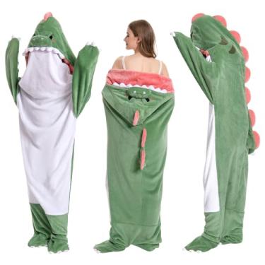 Imagem de OLAOLA Cobertor de dinossauro para adultos, macacão de flanela super macio e aconchegante com capuz para Halloween, cosplay, fantasia, saco de dormir