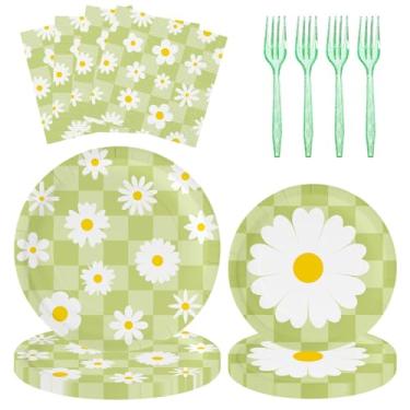 Imagem de 96 peças de pratos e guardanapos de margarida, utensílios de mesa para festa de aniversário com pratos de papel, guardanapos e garfos para decorações de chá de bebê de verão | Serve 24