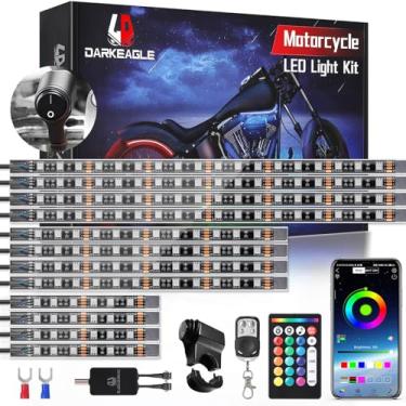 Imagem de LD DARKEAGLE Kit de luz LED de motocicleta com 12 peças com interruptor de guidão, sinal de seta de freio, luzes de brilho com controle remoto APP/RF, tiras de néon de zona dupla RGB multicoloridas à