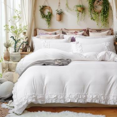 Imagem de Bedorm Jogo de cama Queen com babados brancos, design de franja, plissado, com babados, branco, casa de fazenda, edredom para todas as estações