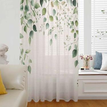 Imagem de Cortinas transparentes de eucalipto verde sálvia 137 polegadas de comprimento, painel de cortina de voile com folhas botânicas com filtro de luz, bolso de haste, cortinas retrô, plantas de primavera