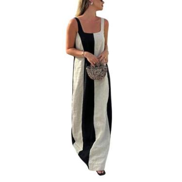 Imagem de Vestido CHARTOU de linho sem mangas Maxi Long Beach Vacation