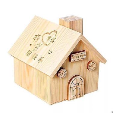 Imagem de Coin Bank, grande casa de madeira, cofrinho doméstico, feito à mão