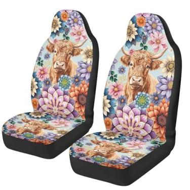 Imagem de gearider Conjunto de capa de assento de carro de vaca Highland apenas para assento dianteiro boho flor acessórios interiores auto sela cobertor capas de assento ajuste universal