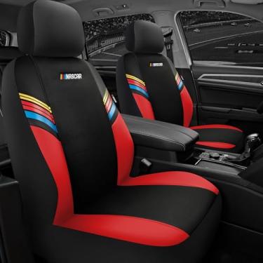 Imagem de NASCAR Capas de assento de carro, capas de assento de couro vermelho e malha, capas de assento dianteiro de ajuste universal para carros com design compatível com airbag, interior de carro durável