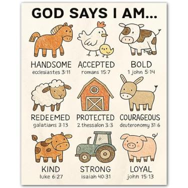 Imagem de ZUKIY God Says I Am Farm Animals - Arte de parede de animais de fazenda para decoração de berçário - Pôster cristão para quarto infantil - Impressão sem moldura 20 x 25 cm para berçário de fazenda ou