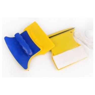Imagem de Limpador Magnético de Vidros com Cordão de Segurança, Azul e Amarelo, para Janelas até 8mm, Sistema de Ímãs Dupla Face