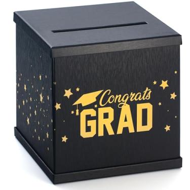 Imagem de Hayley Cherie Caixa de cartão Congrat Grads preta e dourada, porta-cartões de presente grande de 25,4 cm para recepção de casamento, festa de formatura